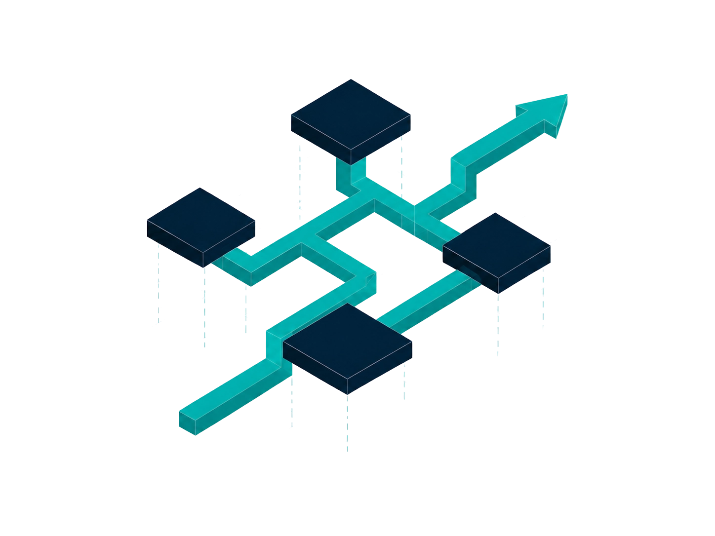 Isometric illustration of a teal pipeline routing through floating modules to an arrow