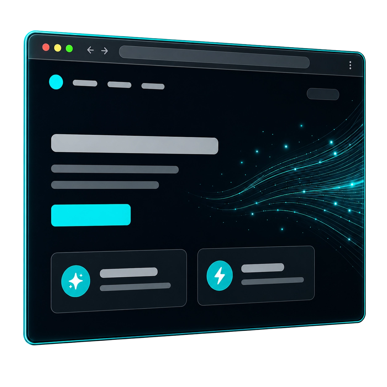 A glass browser window showing a marketing landing page being assembled in real time by streams of teal data particles.