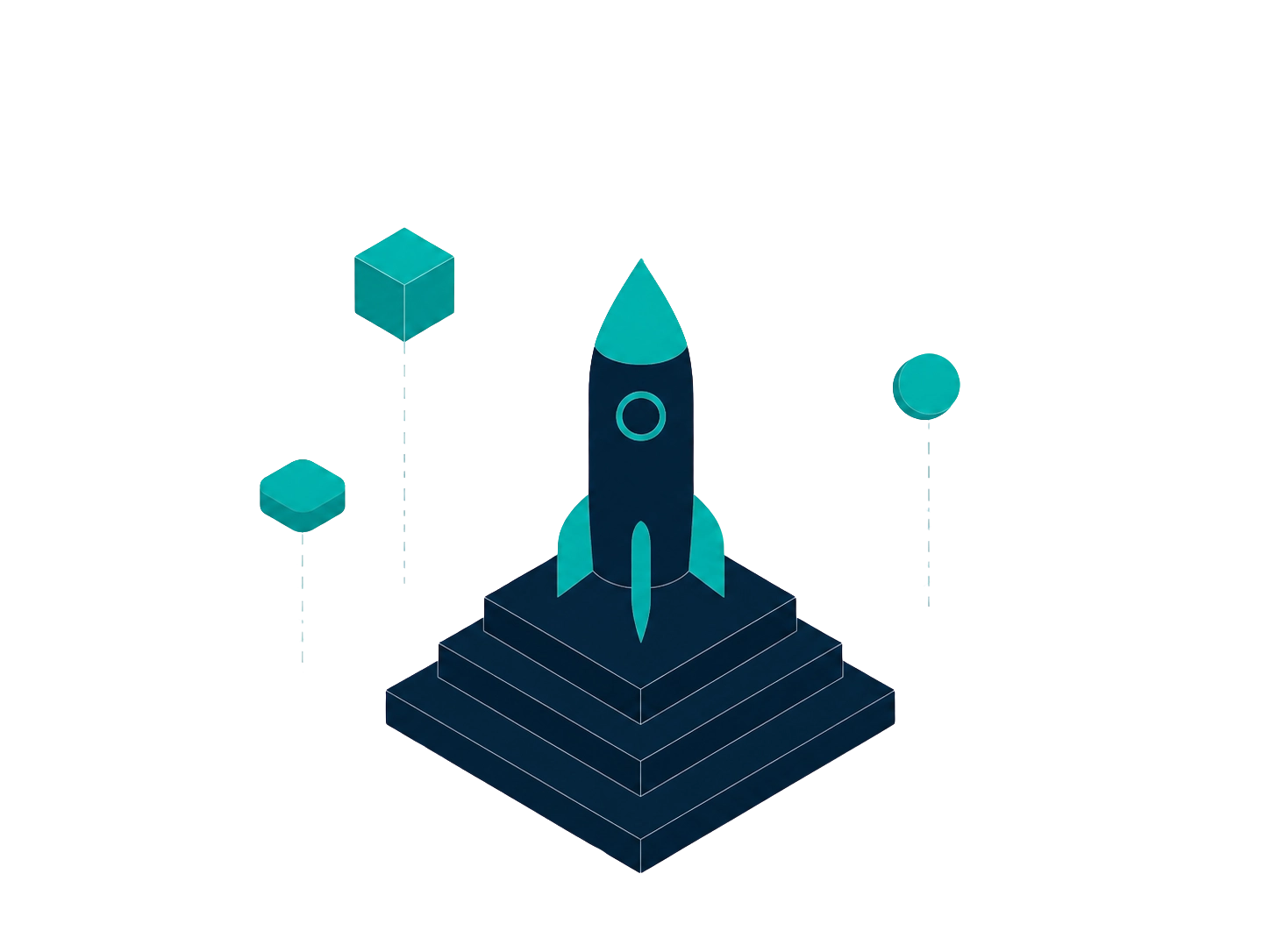 Isometric illustration of a rocket on a stepped platform with an upward arrow