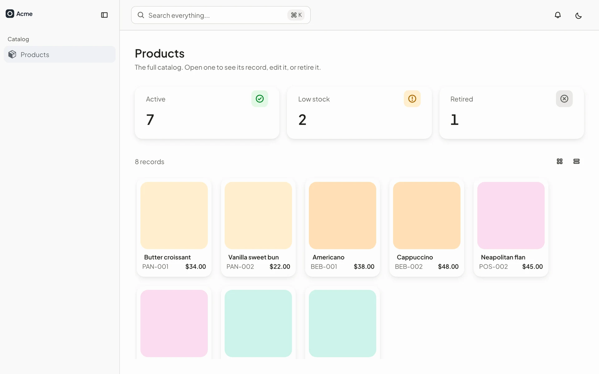 The products page built inside the harness: the app shell, three summary counters, and a grid of product cards.