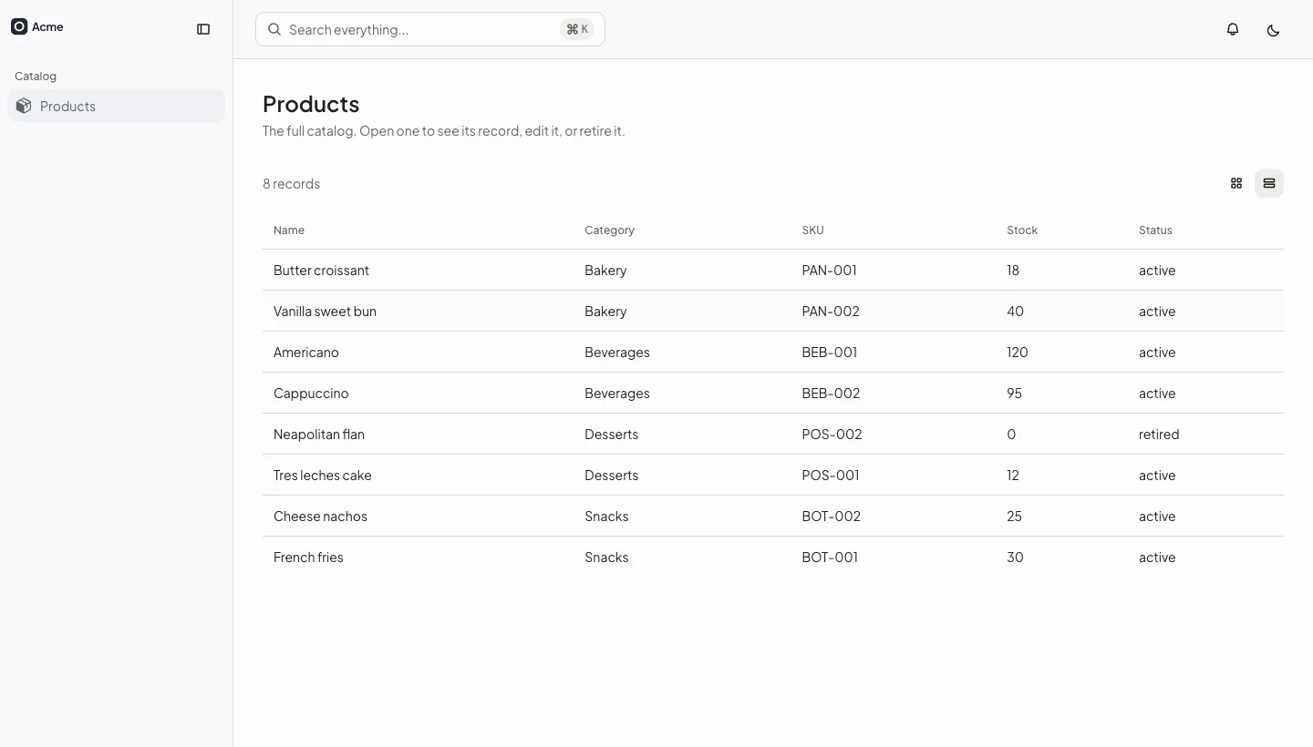 The products page with the collection opened as a data table, before the Layer 4 rule was corrected.