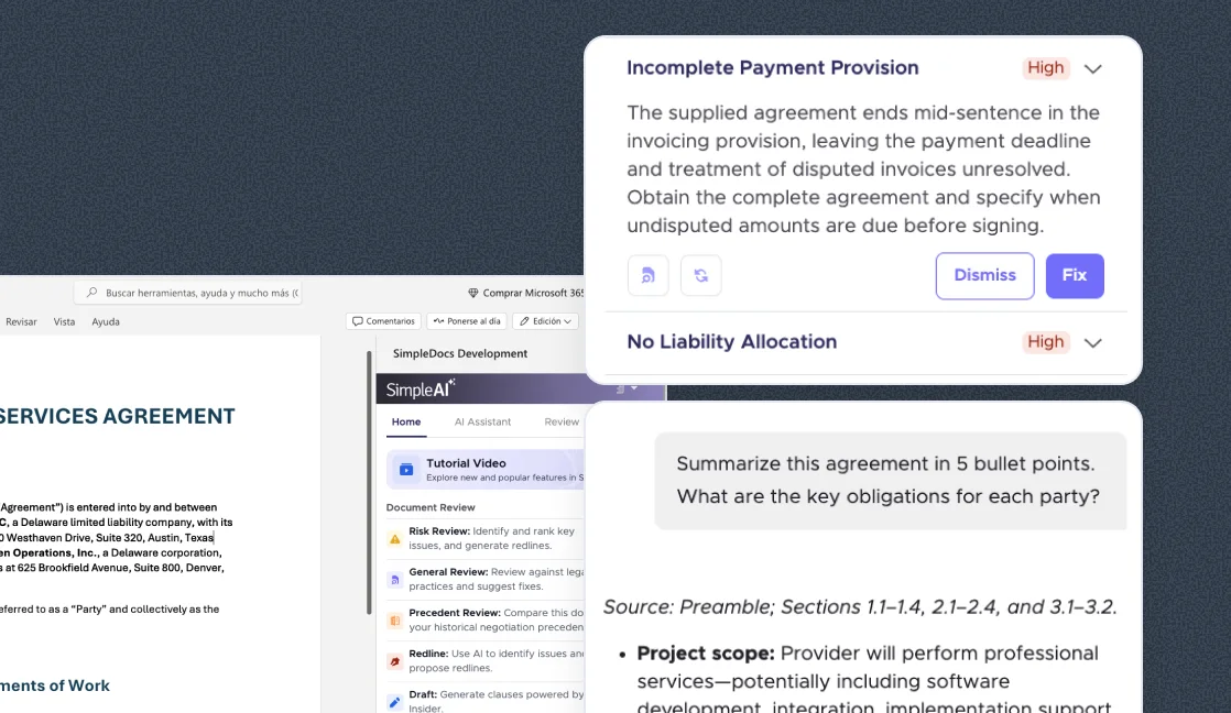 SimpleAI beside an agreement in Microsoft Word, flagging a high-risk incomplete payment provision with Dismiss and Fix options, and answering a request to summarize the agreement, using demo data