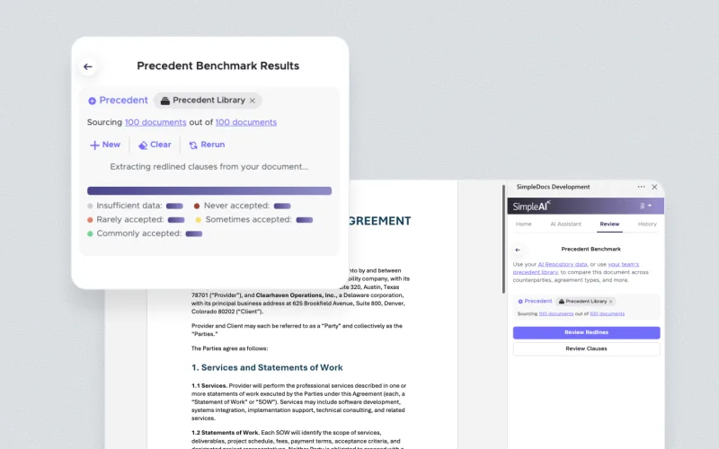 SimpleAI precedent benchmark results in Microsoft Word, comparing an agreement against a precedent library of 100 documents, using demo data