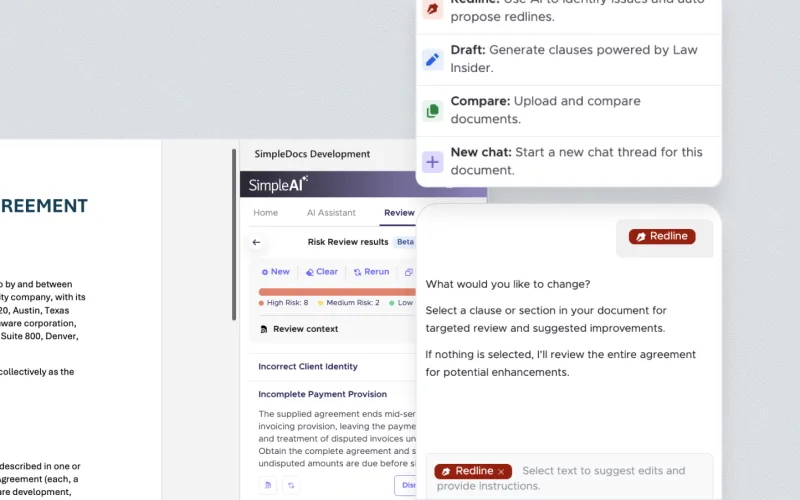 SimpleAI in Microsoft Word showing risk review results and the redline action for targeted edits, using demo data