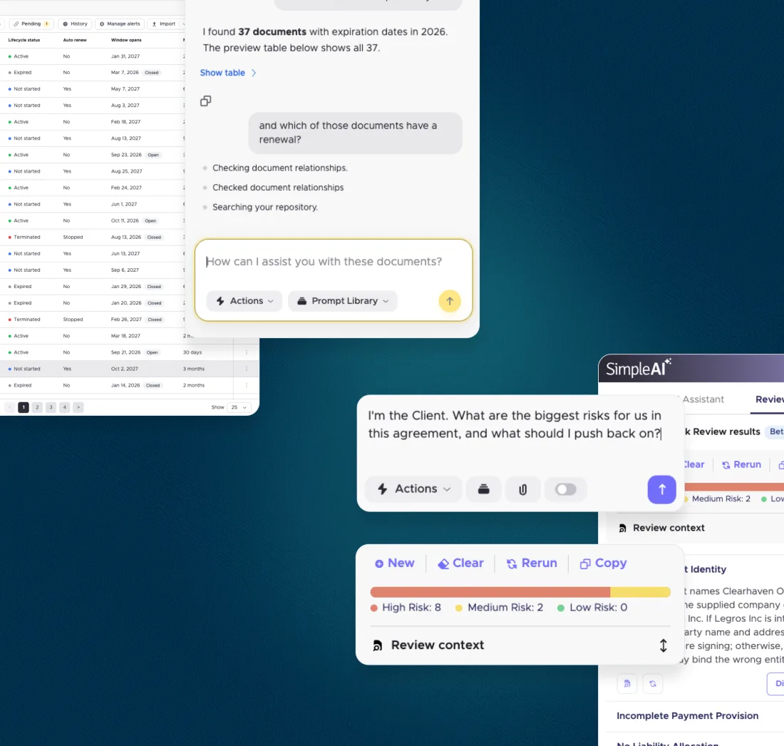 SimpleDocs repository assistant finding agreements that expire this year, beside SimpleAI in Microsoft Word reviewing an agreement for the biggest client risks, using demo data