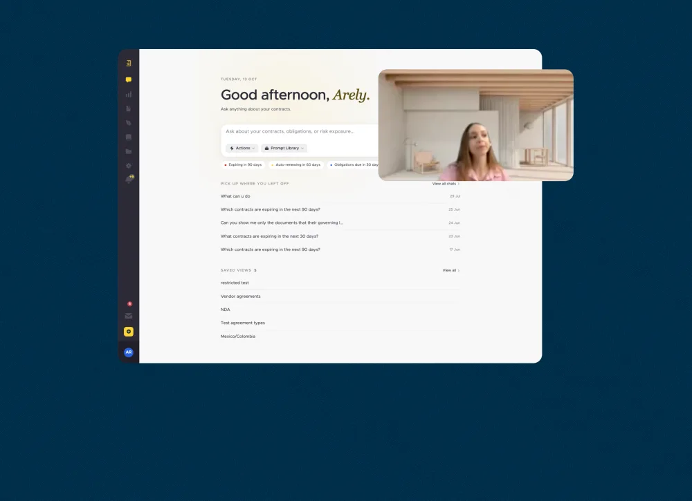 SimpleDocs home with an assistant prompt, contract shortcuts, recent chats, and saved views, beside a video call with a Telos team member, using demo data