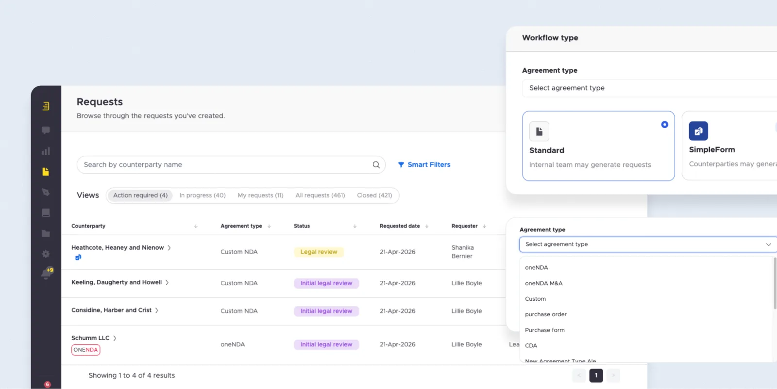 SimpleDocs requests list with NDA statuses, beside the workflow type picker for Standard and SimpleForm requests, using demo data