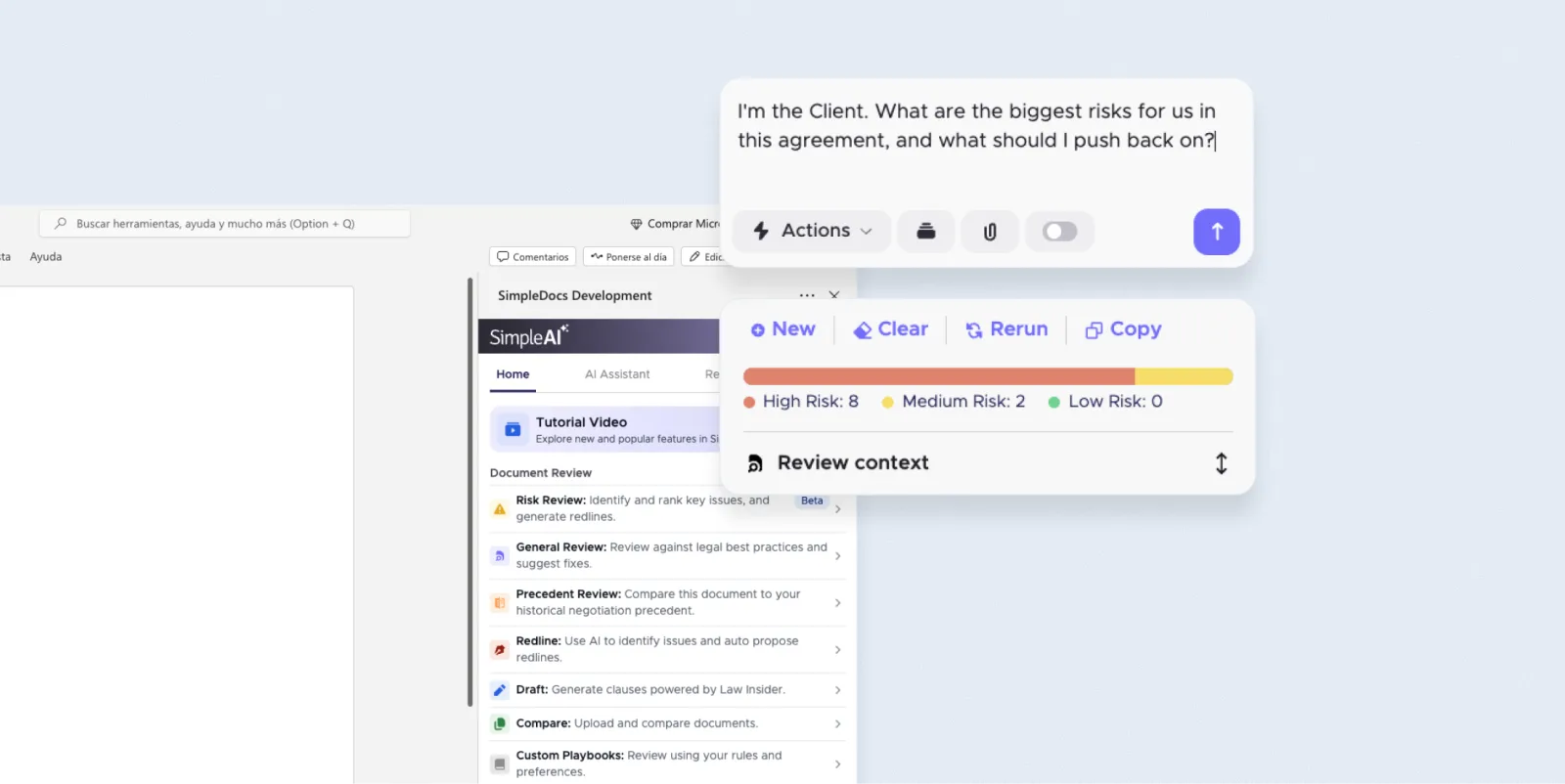 The SimpleAI panel in Microsoft Word, with a question about the biggest risks for the client and risk review results, using demo data