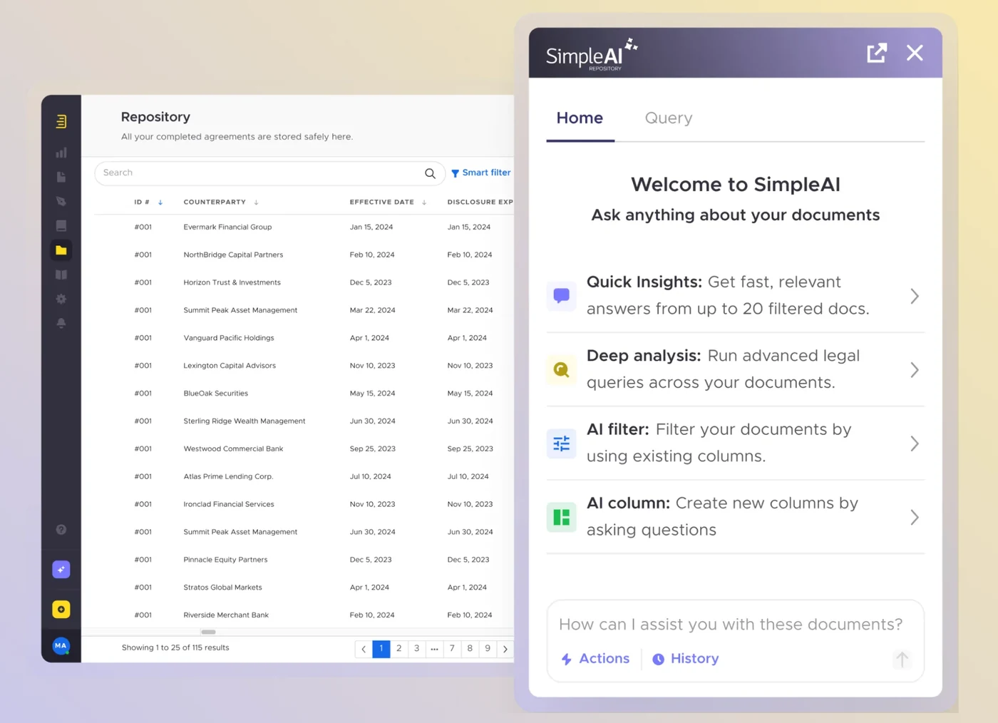 SimpleDocs contract repository with the SimpleAI assistant panel open