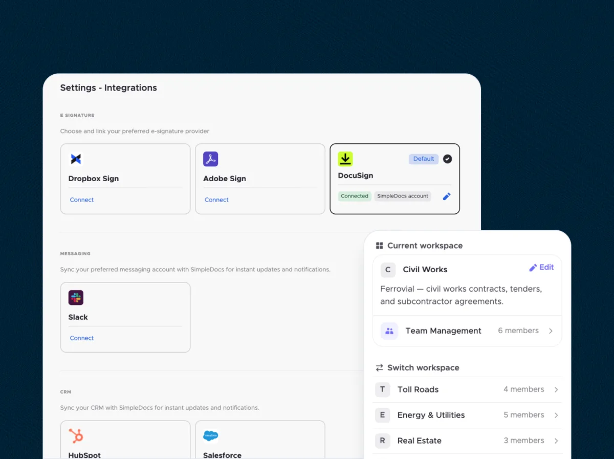 SimpleDocs integration settings for e-signature, messaging, and CRM providers, beside a workspace switcher with team members per workspace, using demo data