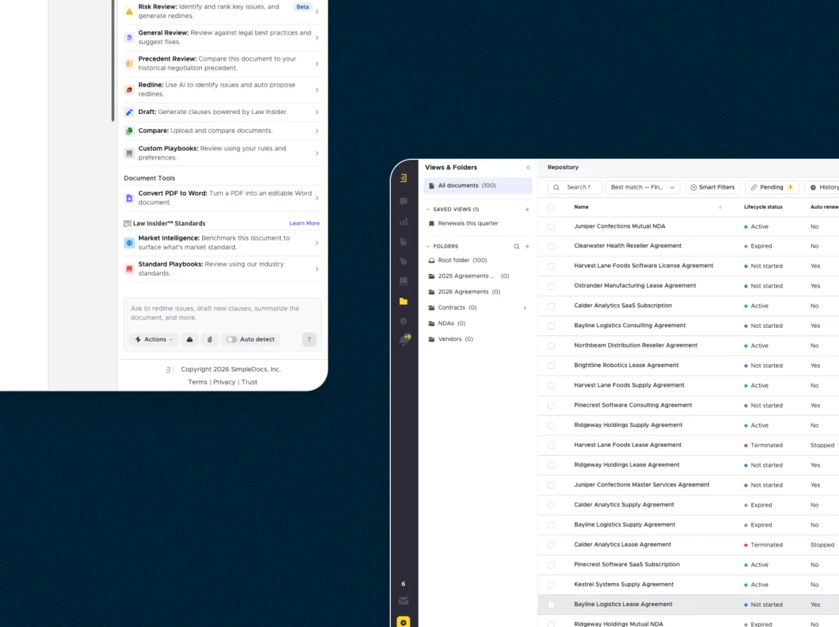 SimpleAI in Microsoft Word beside the SimpleDocs repository of agreements with views, folders, and lifecycle status, using demo data