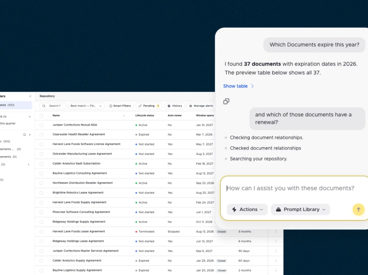 SimpleDocs repository of agreements with lifecycle and renewal columns, and the AI assistant answering which documents expire this year, using demo data