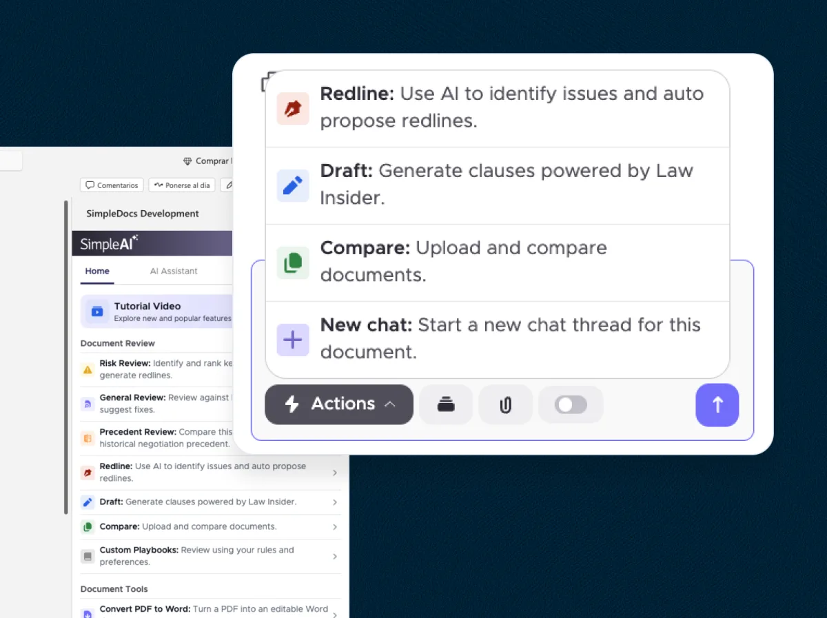 SimpleAI inside Microsoft Word with its actions menu open: redline, draft clauses powered by Law Insider, compare documents, and start a new chat, using demo data