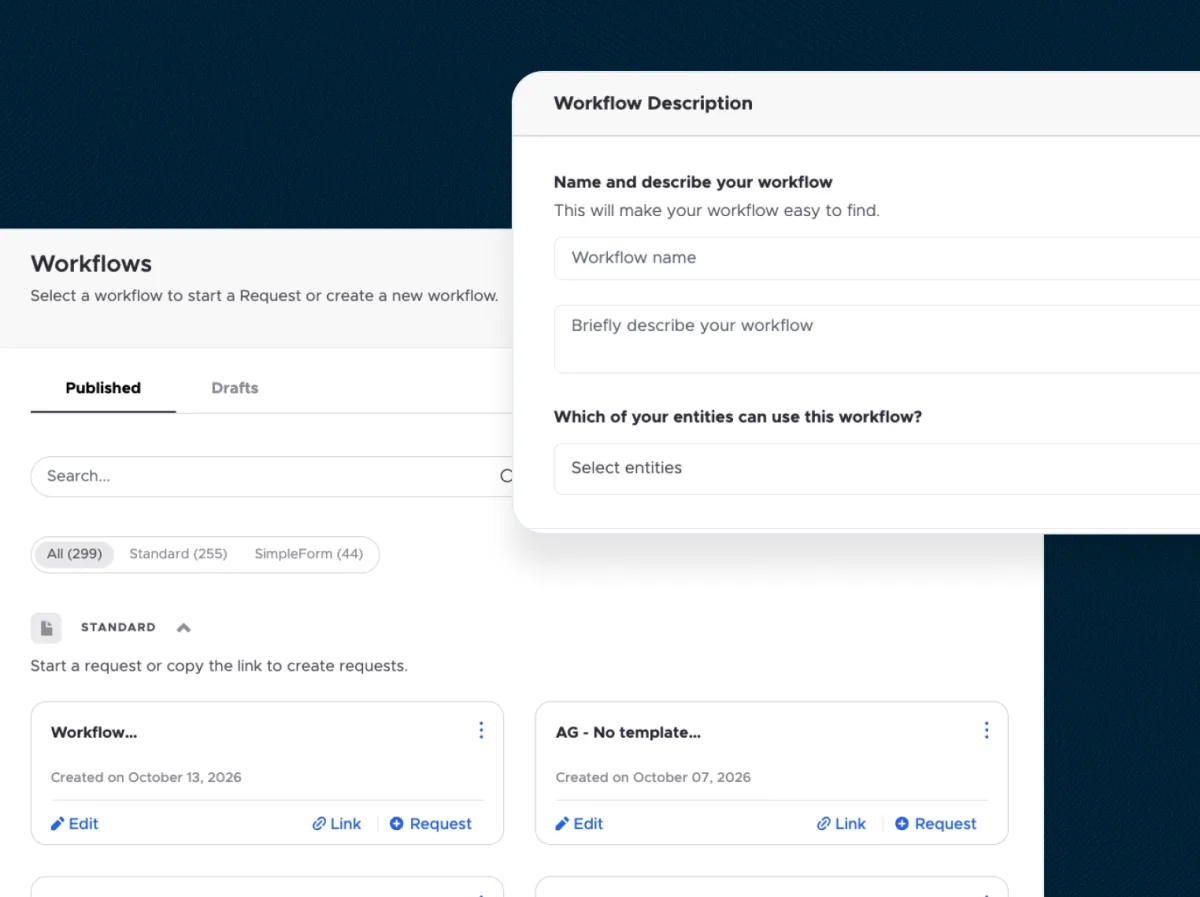 SimpleDocs workflows list with Standard and SimpleForm workflows, and the form to name and describe a new workflow, using demo data