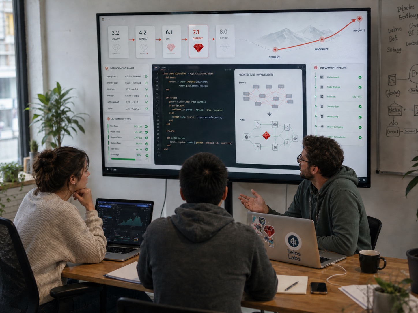Telos Labs engineers reviewing a Rails upgrade plan together