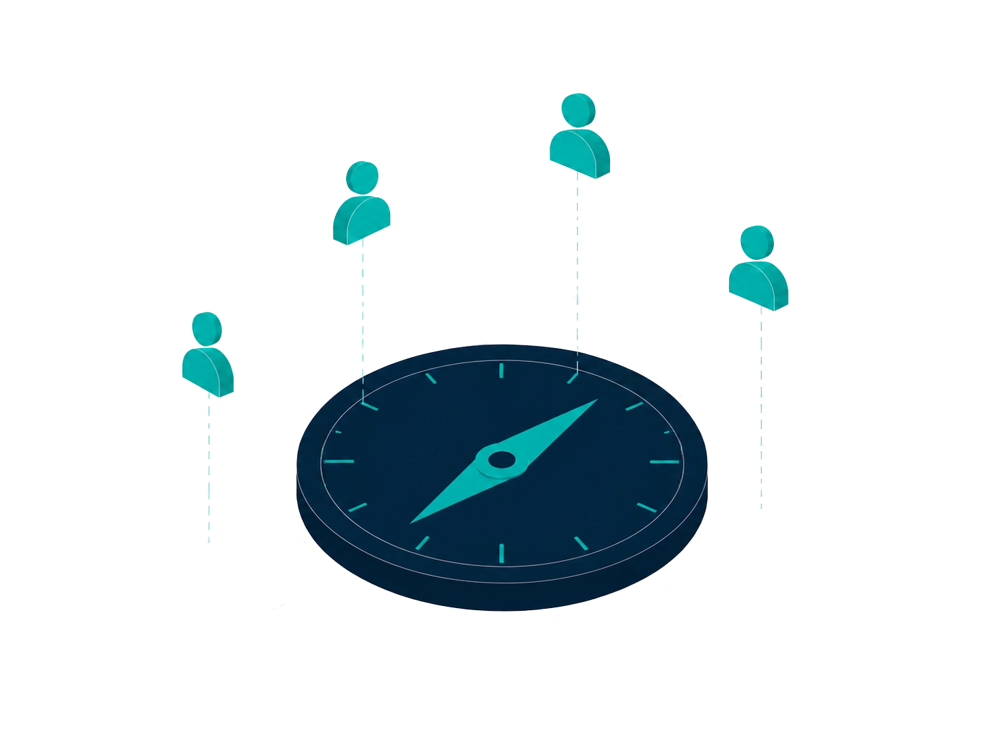 Isometric illustration of a compass surrounded by stakeholder figures